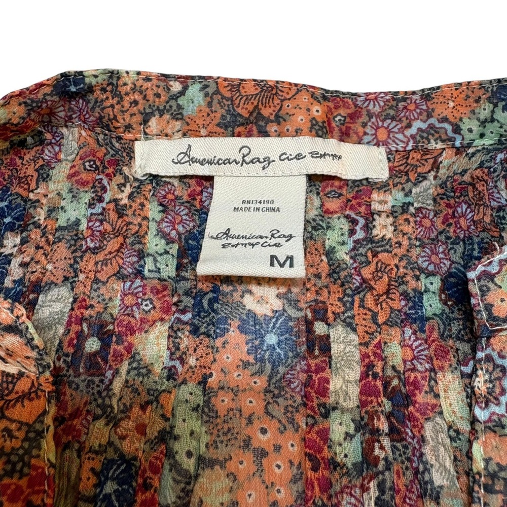American Rag Tunic Top Medium Multicolor Floral Pintuck Button Front Long Sleeve
